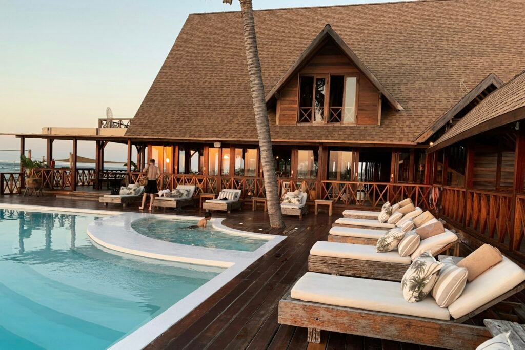 Hotel resort pool with lounge chairs