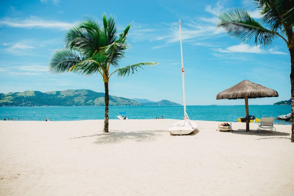 Tropical white-sand beach with a palm tree and beach umbrella